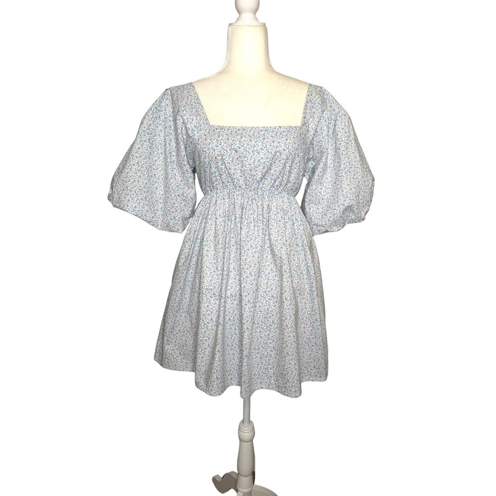Mable Floral Puff Sleeve Cottagecore Babydoll Mini Dress Blue Small